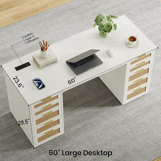 WOPITUES 60" Boho Home Office Desk with 10 Wooden Drawers, Rattan Computer Writing Desk with Power Outlets, Large Executive Desk with Storage Cabinet for Work Study Writing Craft, Wood-Grain White