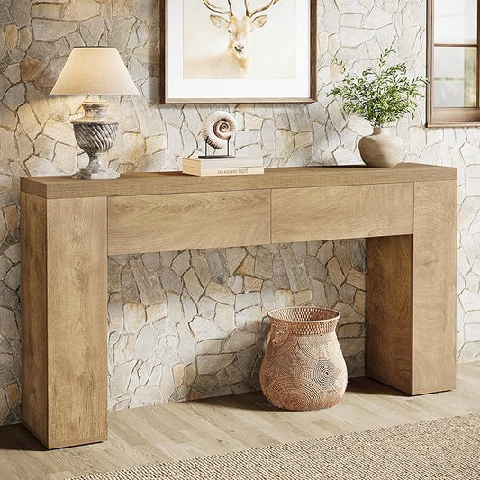 Tribesigns 63-Inch Wooden Console Table with 2 Hidden Drawers, Farmhouse Rustic Brown Sofa Table for Living Room, Hallway, Entrance, Foyer, Easy Assembly (Brown)