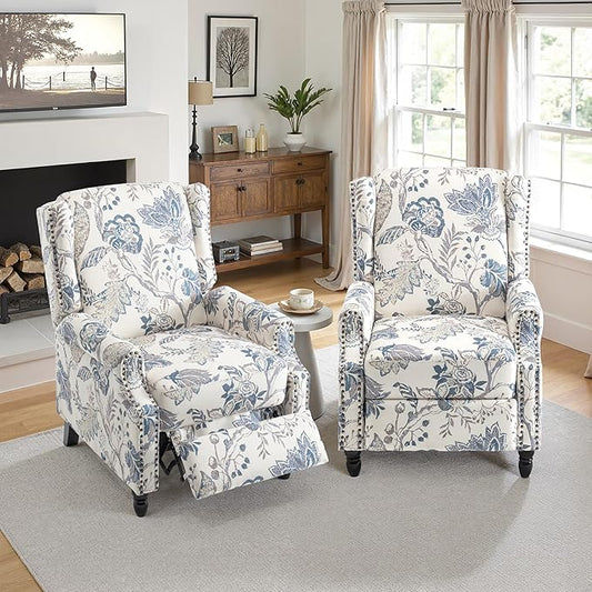 Pushback Recliner Chair Set of 2, Floral Fabric Wingback Recliner Chair, Upholstered Armchair Push Back Recliner, Rivet Trim Single Sofa Accent Chair with Wood Legs for Living Room, Plants Blue