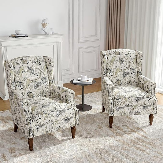 Floral Wingback Accent Chairs Set of 2, High Back Upholstered Armchair, Comfy Fabric Wingback Arms Chairs with Retro Solid Wood Legs, Single Sofa Reading Chair for Bedroom Living Room, Plants Beige