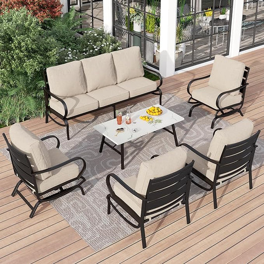 PHI VILLA 6 Piece Patio Furniture Sets with 1 x 3 Seater Padded Deep Seating Bench, 2 x C-Base Cushioned Sofa Chairs, 2 x Leg Sofa Chairs and 1 x Coffee Table, Outdoor Metal Furniture Set for 7