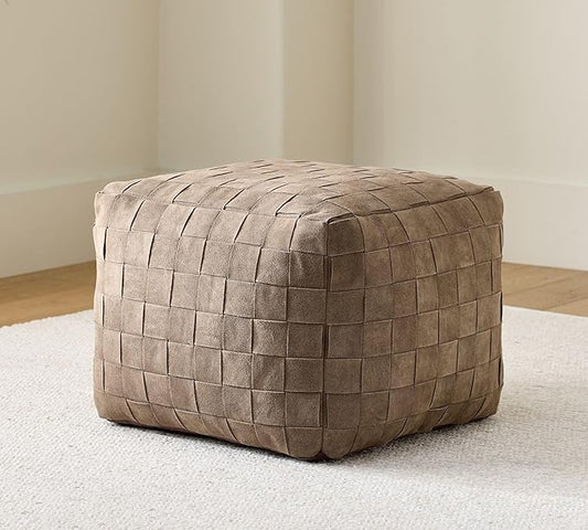 Luxury Handcrafted Suede Basketweave Pouf Ottoman – Soft & Durable Floor Cushion, Footrest, and Accent Seating for Living Room, Bedroom, & Office – Stylish Modern Home Décor (Brindle, 18" x 18" x 14")