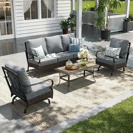 Sophia & William Patio Furniture Set, 4 Piece Metal Outdoor Conversation Set with 3-Seater Outdoor Couch, 2 Sofa Chairs, 1 Coffee Table for Outdoor Seating, Backyard, Porch(Grey)