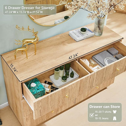 Fluted Dresser for Bedroom, 47" 6 Drawer Dressers, Wood Tall Dresser Storage Organizer, Modern Chest of Drawers with Deep Storage for Closet Hallway, Entryway, Living Room, Natural