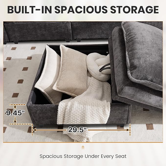 130" U Shaped Modular Sectional Sofa, Couch with Ottoman Storage, Chenille Cloud Couch with Plush Deep Seating for Living Room, Bedroom (8 Seat, Grey)