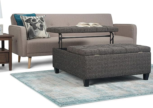 SIMPLIHOME Harrison 36 inch Wide Transitional Square Coffee Table Storage Ottoman in Ebony Tweed Look Fabric, Assembled, For the Living Room and Bedroom