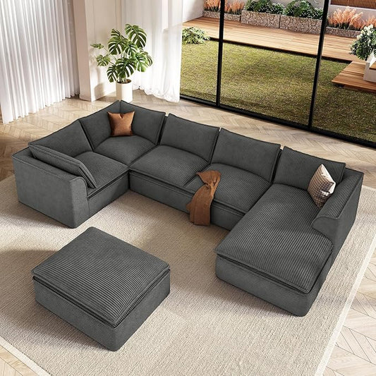 Vesgantti 141.7" Oversized Boneless Sectional Couch, 7 Seater Modular Sofa with Chaise & Ottoman & Armrest, Deep Seat Corduroy Cloud Couches for Living Room, No Assembly Required, Dark Gray