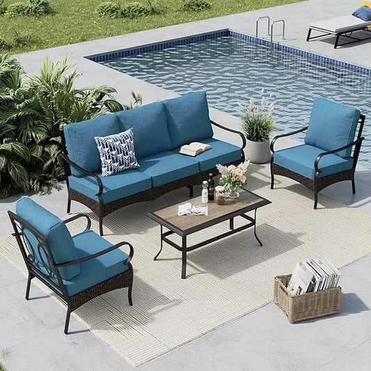 MFSTUDIO 4 Pieces Outdoor Patio Furniture Set, Metal Outdoor Conversation Set, Rattan Wicker Patio Sectional Sofa Set with 2 x Fixed Single Sofa, 3-Seat Sofa, 1 x Coffee Table, Navy Blue