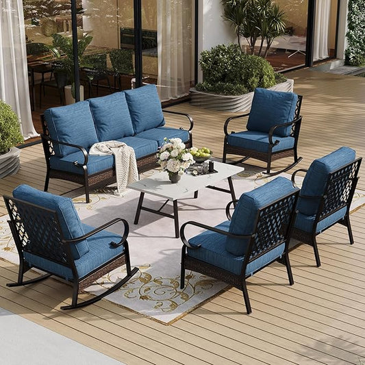 6 Piece Metal Outdoor Patio Furniture Set, Patio Conversation Set 3-Seater Sofa, 2 Fixed Sofa, 2 Rocking Chair with 5.75" Thick Cushion & Coffee Table Black Backyard Furniture, Blue-2