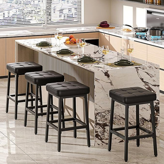 VECELO Modern Counter Height Bar Stools Set of 2, 24" PU Leather Upholstered Counter Stools with Metal Frame, Backless Square BarStools Bar Chairs for Kitchen Island, Black