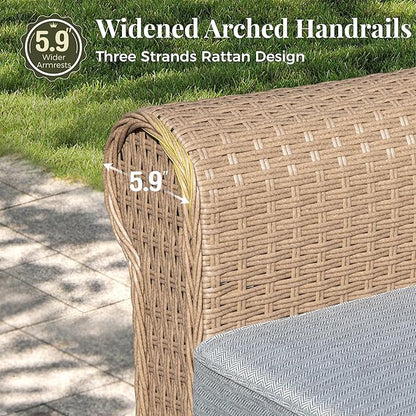 Patio Furniture Set 6 pcs, Wicker Outdoor Patio Furniture, 3-Seat Sofa, 4 Single Chairs and 56" Gas Fire Pit Table, Rattan Patio Conversation Set for Backyard Deck, Grey