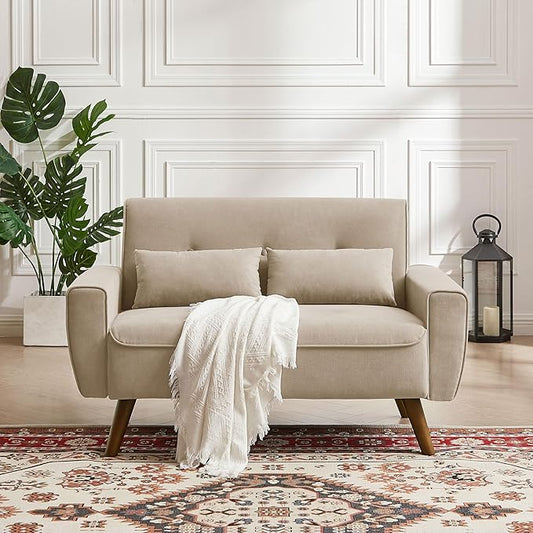 48.8" Small Loveseat Sofa, Mid Century Modern Love Seat Couch with Back Cushions and Plastic Legs, 2 Seater Couches for Living Room, Bedroom, Small Spaces, Beige