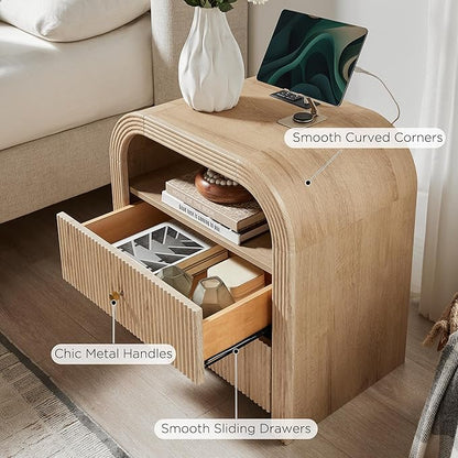 T4TREAM 24" Fluted Nightstand Set of 2, Large 2 Drawers Bedside Table with Charging Station, Modern End Table with Storage Night Stand for Bedroom, Living Room, Round Curved Corner Design, Natural Oak