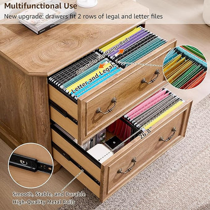 T4TREAM 34" Lateral File Cabinet with 2 Drawers, Farmhouse Filing Cabinet with 34" Wide Wooden Tabletop & Smooth Rails, Holds Letter/Legal, Hexagonal Design & Framed Drawer Fronts, Light Knotty Oak