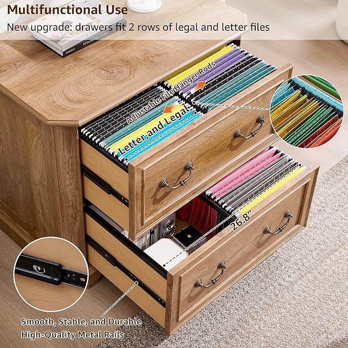 T4TREAM 34" Farmhouse Lateral File Cabinet for Home Office, Large 2-Drawer Wood Filing Cabinet w/Smooth Rails, Fits Letter/Legal Files, Storage Cabinet w/Framed Drawer Front Design, Light Knotty Oak