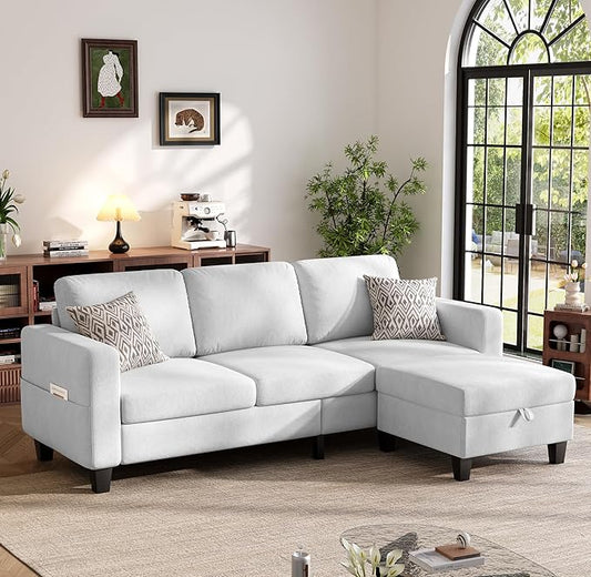 Sectional Sofa and Couches for Living Room, 78'' White 3 Seat L-Shaped Couch with Movable Ottoman, Comfy Velvet Convertible Sectionals Sofas with Chaise for Apartment, Office, Small Space