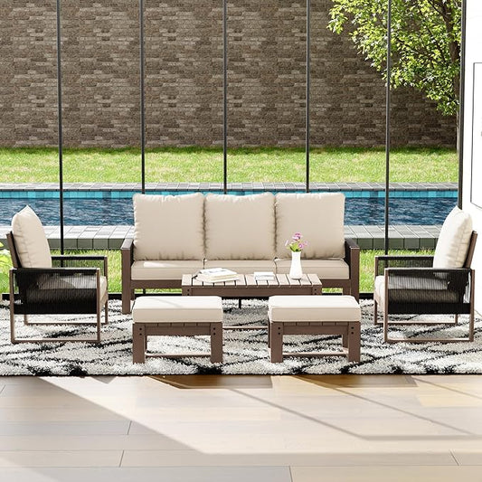 6 Piece Patio Furniture Set with 3-Seat Sofa, 2 Porch Armchairs, 2 Ottoman and 1 Coffee Table Wicker Outdoor Conversation Set for Garden, Terrace, Porch, Balconies, Lawns