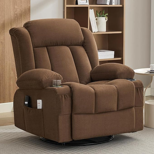 Power Swivel Rocker Recliner Chair with Heat and Massage, USB and Type-C Charging Port, Electric Glider Rocking Chairs, Oversized Recliner Chairs for Adults(Fabric, Brown)