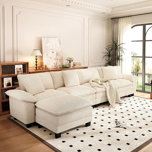 PHI VILLA Cloud Modular Couch Sets, 157.5" Sectional Sofa with L-Shaped Chaise, 5-Seater Upholstered Couches with Movable Ottoman for Living Room, Corduroy Fabric, Beige