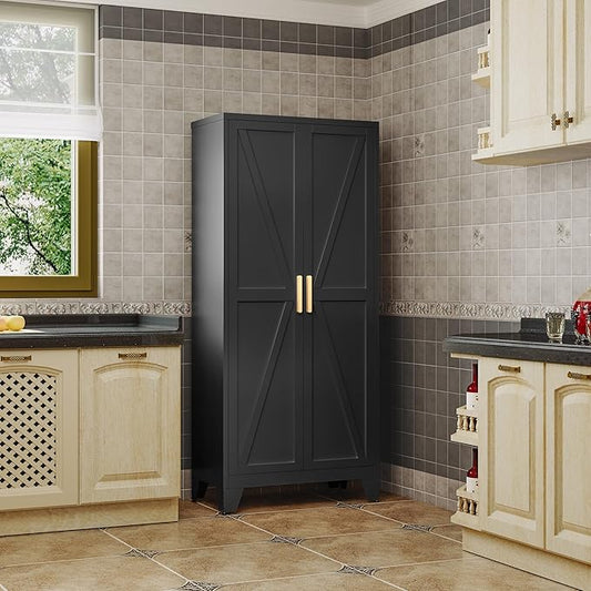 Large Metal Kitchen Pantry Cabinet with Adjustable Shelves - Freestanding Kitchen Storage Cabinet for Dining Room,Livingroom Bathroom, Hallway, Workshop, Office (Black, 61"- 0 Drawer)