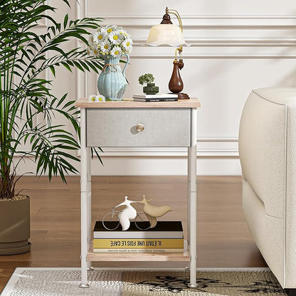 VECELO End Tables, Modern Nightstand with Fabric Drawer & Open Shelf, Night Stand for Bedroom Living Room, Industrial Metal Frame, Easy Assembly, Light Brown,1 Pack