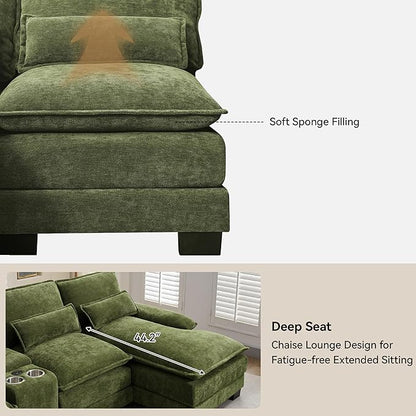 U Shaped Sectional Sofa with Storage Console, Cup Holders & USB Ports, Small Modular Cloud Couch with Deep Seats, Modern Comfy Living Room Sofa for Apartment, Chenille Green