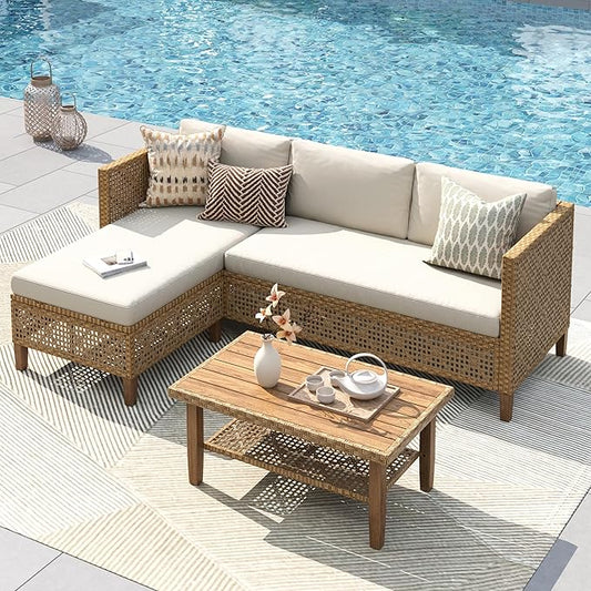 PHI VILLA Wicker Patio Furniture Set, Sectional Outdoor Sofa with Cushions and Acacia Wood Coffee Table, L-Shaped Small Patio Conversation Set, Beige