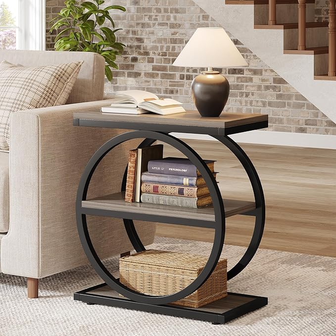 Tribesigns End Table, Narrow End Table with 3 Storage Shelves, Wood Side Table with Black Metal Frames, Industrial Small Sofa Side Table for Living Room, Grey Nightstand and Bedside Table for Bedroom