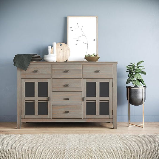 SIMPLIHOME Artisan Buffet - 54 inch Wide Solid Wood 3-Door Sideboard Buffet in Distressed Grey, Transitional Storage Cabinet for Dining Room or Kitchen with Adjustable Shelves and Bronze Hardware