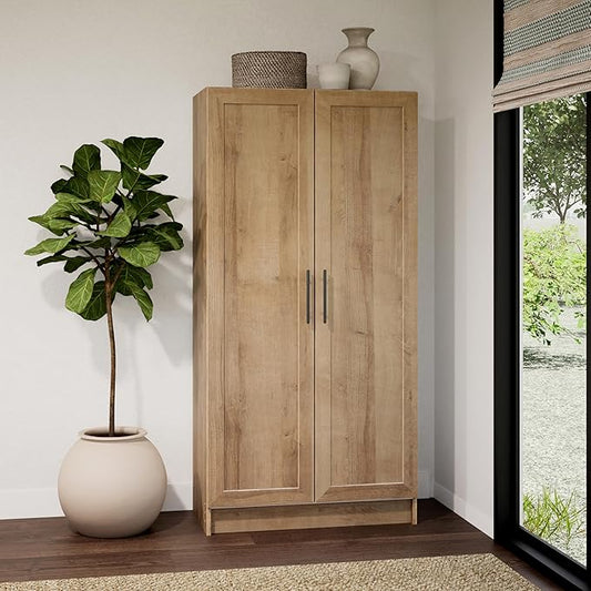 Prepac Natural Oak Elite 65" Tall Accent Kitchen Pantry Cabinet, Craft or Bathroom Storage Cabinet, Buffet Storage with Panel Doors, 3 Shelves, 32" W x 16.75" D x 65" H, Ideal for Home Organization