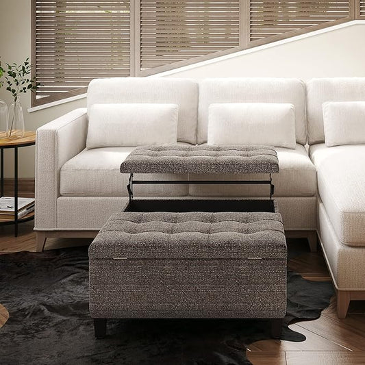 SIMPLIHOME Harrison 36 inch Wide Transitional Square Coffee Table Storage Ottoman in Mink Brown Tweed Look Fabric, Assembled, for the Living Room and Bedroom