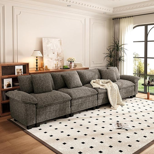 PHI VILLA Cloud Modular Couches Sets, 157.5" Sectional Sofa with Upholstered Deep Seat, 4-Seater Long Couches for Living Room Apartment, Chenille Fabric, Smoky Grey