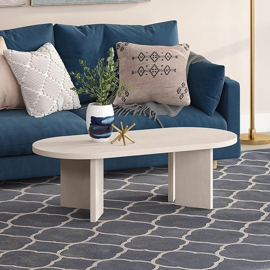Henn&Hart 48" Oval Wood Low-Profile Coffee Table for Living Room, Family Room or Office, Alder White
