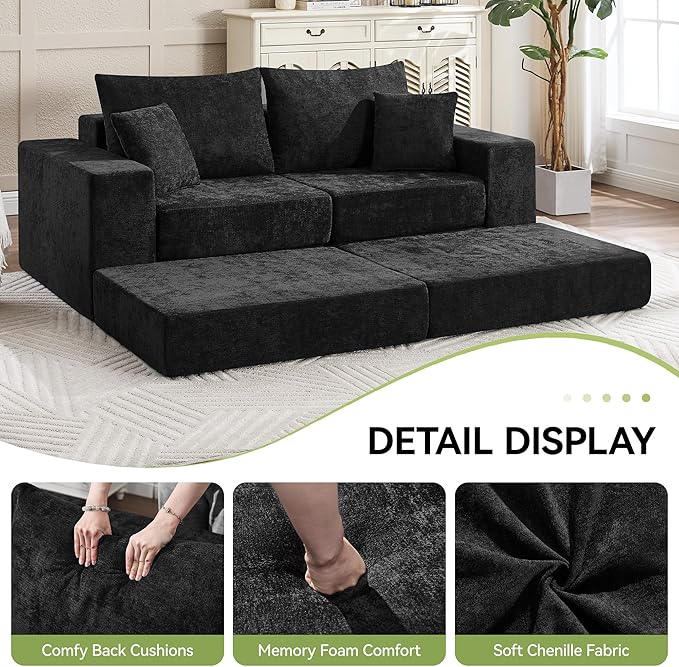 79" Boneless Cloud Loveseat Sofa Couch, Modular Foldable Floor Sofa with Ottoman, Chenille Lounge Convertible Sofa Bed for Living Room, No Assembly, Black