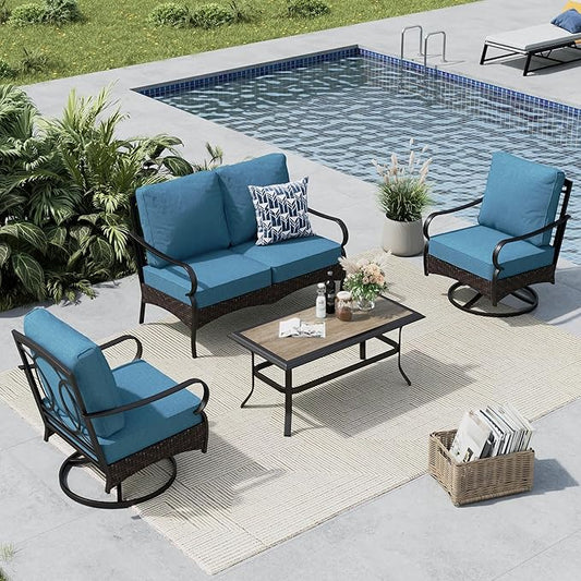 MFSTUDIO 4 Pieces Outdoor Patio Furniture Set, Metal Outdoor Conversation Set, Rattan Wicker Patio Sectional Sofa Set with 2 x Swivel Single Sofa, 2-Seat Sofa, 1 x Coffee Table, Navy Blue