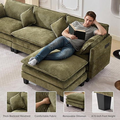 108" Modular Sectional Couches for Living Room with Ottoman, L Shaped Cloud Couch with Charger, USB & Type-c Port, Comfy 4 Seats Sofas with Deep Seat, Chenille Fabric, Green