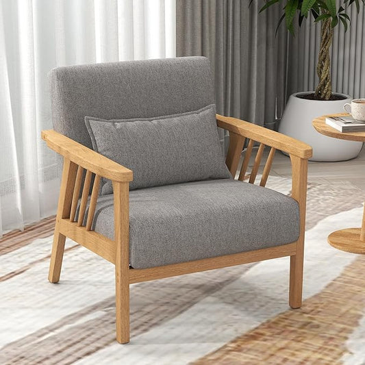 Mid-Century Modern Accent Chair, Linen Armchair and Lounge Chair with Lumbar Pillow, Wide Seat & Solid Wood Frame for Living Room, Bedroom or Balcony （Light Gray）