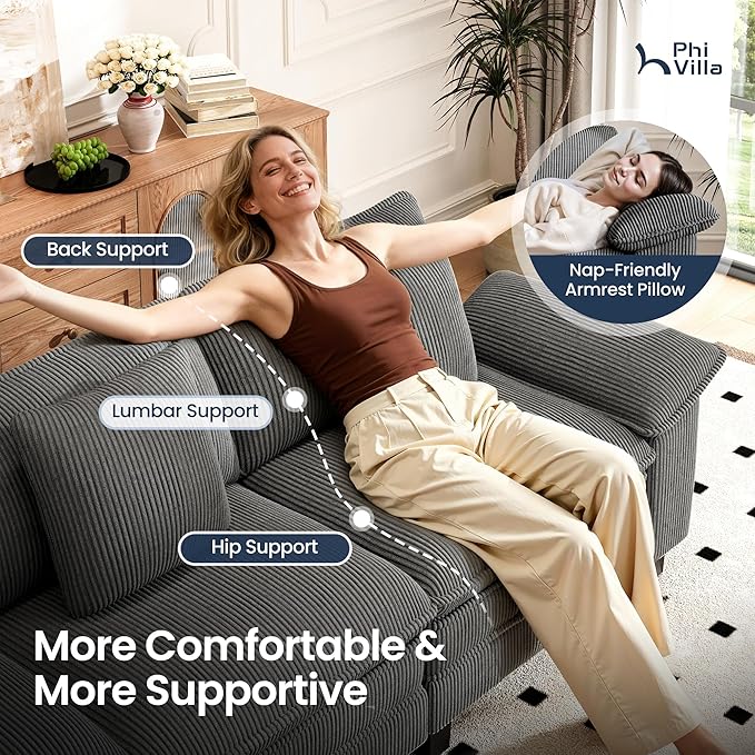 PHI VILLA Cloud Modular Couch Sets, 123.6" Sectional Sofa with L-Shaped Chaise, 4-Seater Upholstered Couches with Movable Ottoman for Living Room, Corduroy Fabric, Grey