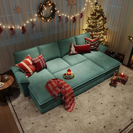 LINSY HOME Sleeper Sofa Bed, 115" Modular Sectional Sofa Bed with Double Layer Cushious, Comfy Cloud Sofa Couches for Living Room, Apartment, Home Theater, Green