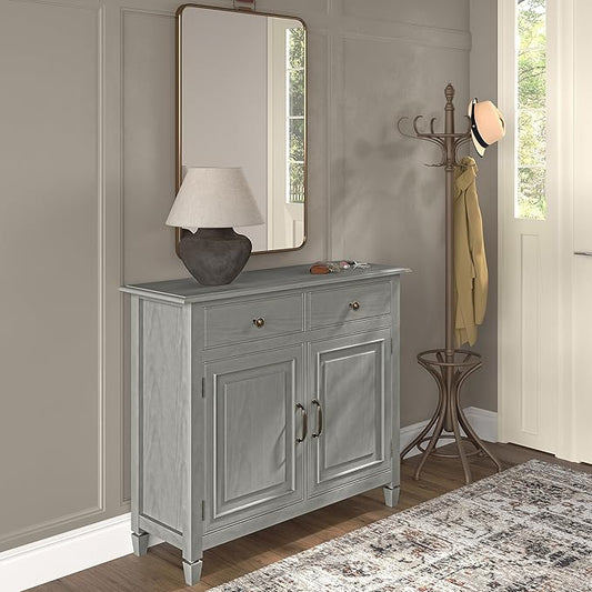 SIMPLIHOME Connaught 40-inch Wide Solid Wood Storage Cabinet in Fog Grey for Entryway, Living Room, Organizer for Hats, Gloves, Shoes, Keys, Slim Design, Traditional Style