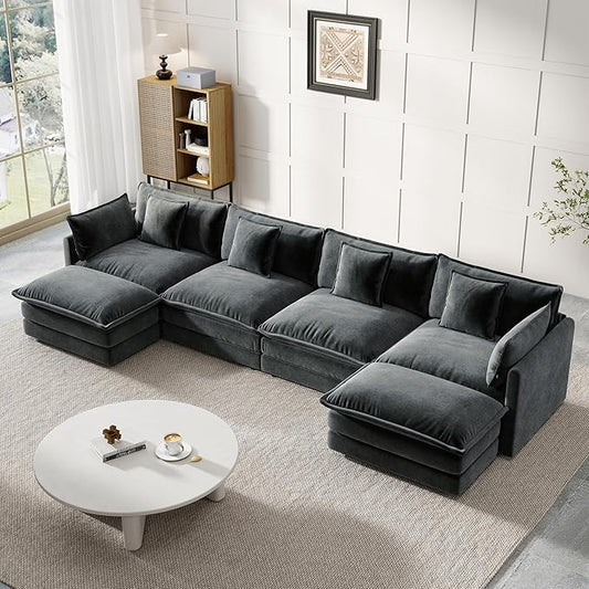 Modular Sectional Sofa, 146.5 Inch U-Shaped Cloud Sofa with Deep Seat Chenille Sofa with Cushions, Four Seater Sectional Sofa for Living Room Apartment,Gray