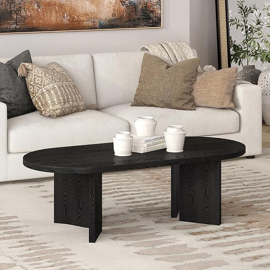 Henn&Hart 48" Oval Wood Low-Profile Coffee Table for Living Room, Family Room or Office, Black Grain