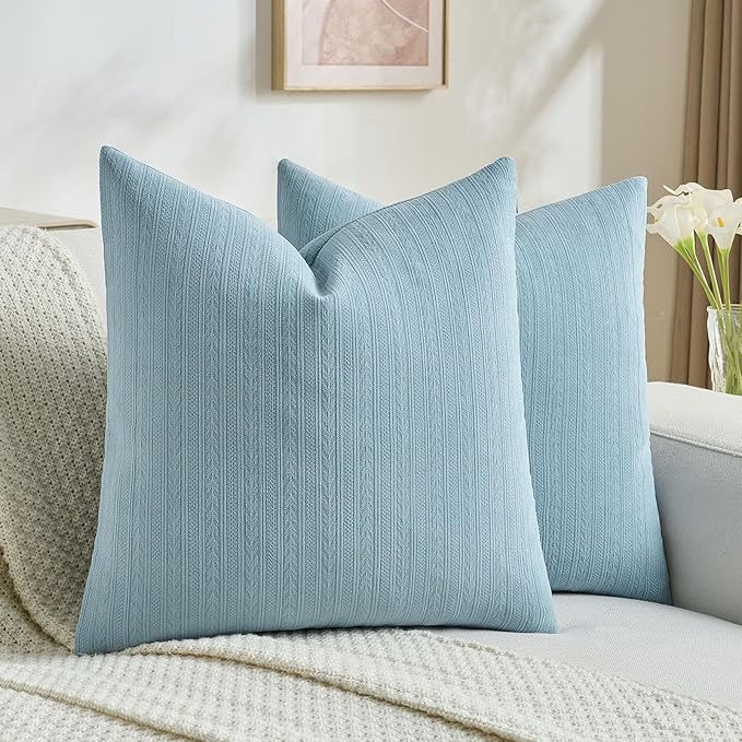 FUTEI Denim Blue Decorative Throw Pillow Covers 20x20 Inch Set of 2,Soft Cozy Wheat Ear Striped Patterns Cushion Cases,Modern Home Decor for Couch Bed Living Room