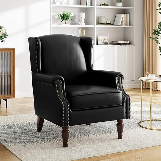 Pia Ricco High Back Floral Accent Chair - Retro Wingback Upholstered Armchair in Faux Leather, Nailhead Trim & Solid Wood Legs for Living Room Bedroom Reading Chair（Black