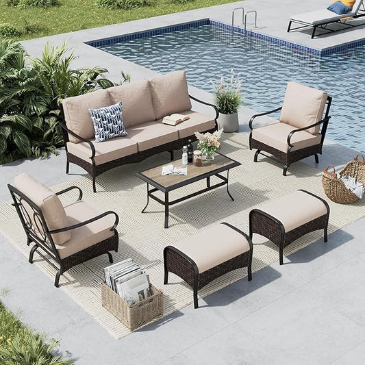 MFSTUDIO 6 PCS Outdoor Patio Furniture Set, Metal Outdoor Conversation Set, Rattan Wicker Patio Sectional Sofa Set with 2 x Rocking Single Sofa, 3-Seat Sofa, 2 x Ottoman, 1 x Coffee Table, Beige