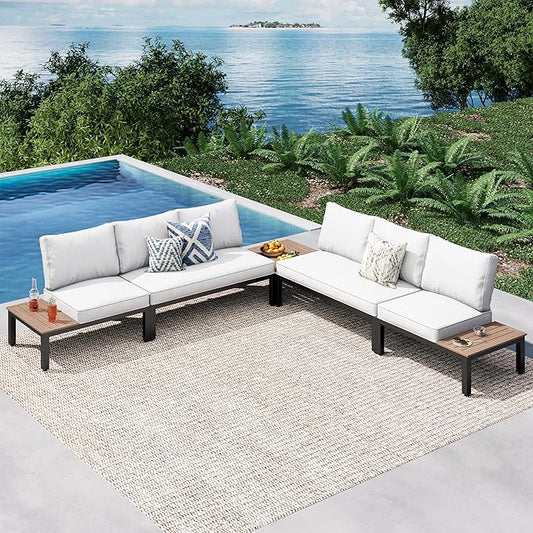 PHI VILLA 5 Pieces Outdoor Patio Furniture Set,Metal Frame Modern Outdoor Sectional Sofa Set,6 Seats Patio Conversation Sets with Coffee Table&Thickened Cushion,for Poolside and Backyard,Light Grey