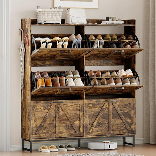 Shoe Cabinet Storage for Entryway, Shoe Storage Cabinet with 6 Flip Drawers, Freestanding Narrow Shoe Rack Organizer with Metal Legs, Adjustable Shelves & Open Storage for Foyer, Hallway, Brown
