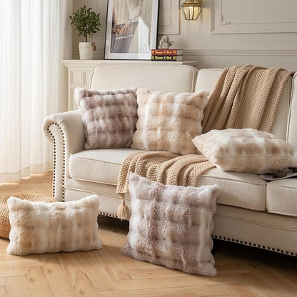Pack of 2 Thick Plush Throw Pillow Covers Fluffy Wave Faux Fur Decorative Cushion Covers Soft Wool Pillowcase for Sofa Couch Livingroom 22x22 Inch White Taupe