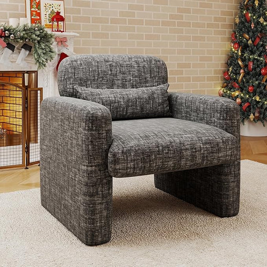 LSSPAID Modern Accent Chairs, Chenille Fabric Armchairs for Living Room, Comfy Upholstered Leisure Single Sofa Chair with Lumbar Pillow for Bedroom, Balcony, Office (Charcoal, Set of 1)