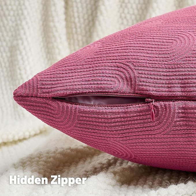 FUTEI Hot Pink Chenille Decorative Throw Pillow Covers 12x20 Inch Set of 2,Soft Cozy Striped Geometric Patterns Lumbar Pillow Cases,Modern Home Decor for Couch Bed Living Room